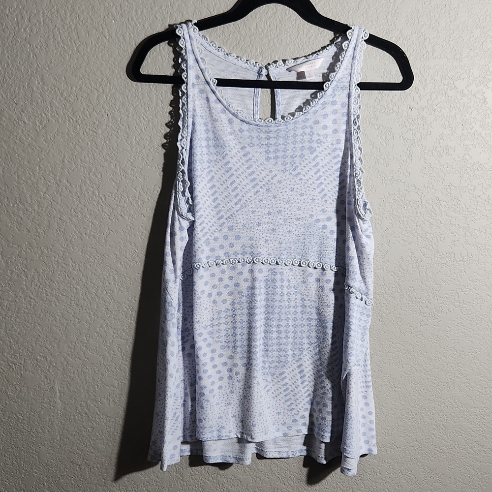 LC Lauren Conrad Tank Top Womens Size L Keyhole Button Swing Blouse BLue White